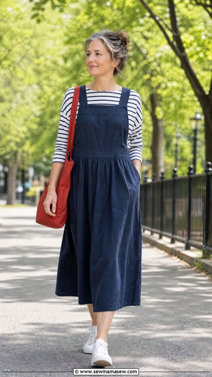 Pinafore Dress Over A Striped Boatneck Top - 30 cottagecore outfit ideas for women over 40