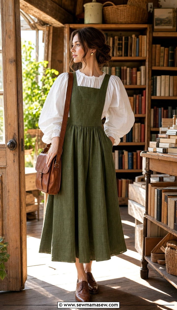 Pinafore Dress Over Puff Sleeve Top Outfit - 25 Spring cottagecore outfits 2026