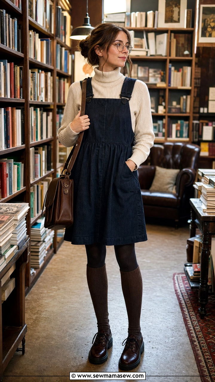 Pinafore Dress Over Turtleneck Book Club Outfit - 35 Book club outfit ideas