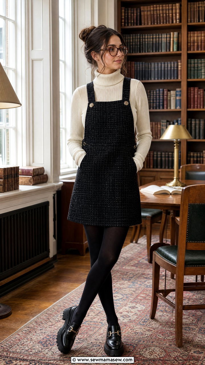 Pinafore Dress Over Turtleneck Top - 25 librarian core outfits aesthetic