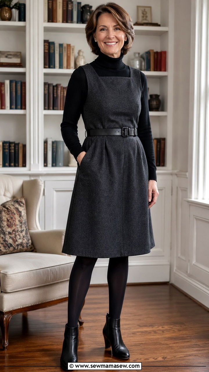 Pinafore Dress Over Turtleneck with Opaque Tights and Ankle Boots - 20 dark academia outfit ideas for women over 40