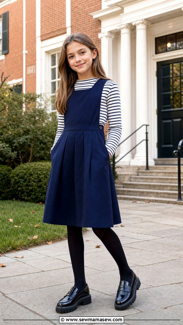Pinafore Dress With Striped Long Sleeve Tee - 35 Back to school outfit ideas 7th grade
