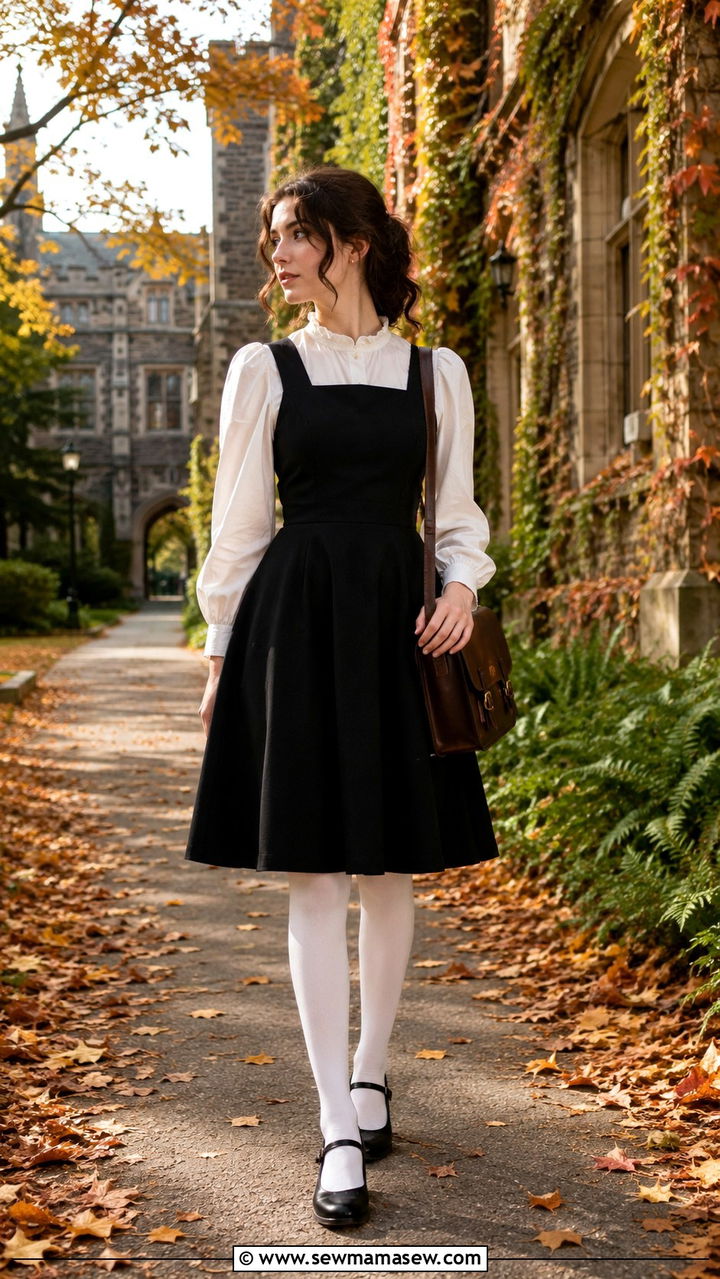 Pinafore Dress over Puff Sleeve Shirt - 30 Romantic academia outfit ideas