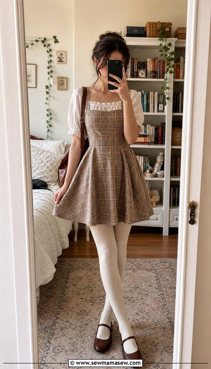 Pinafore Dress over White Blouse - 25 cute light academia outfits