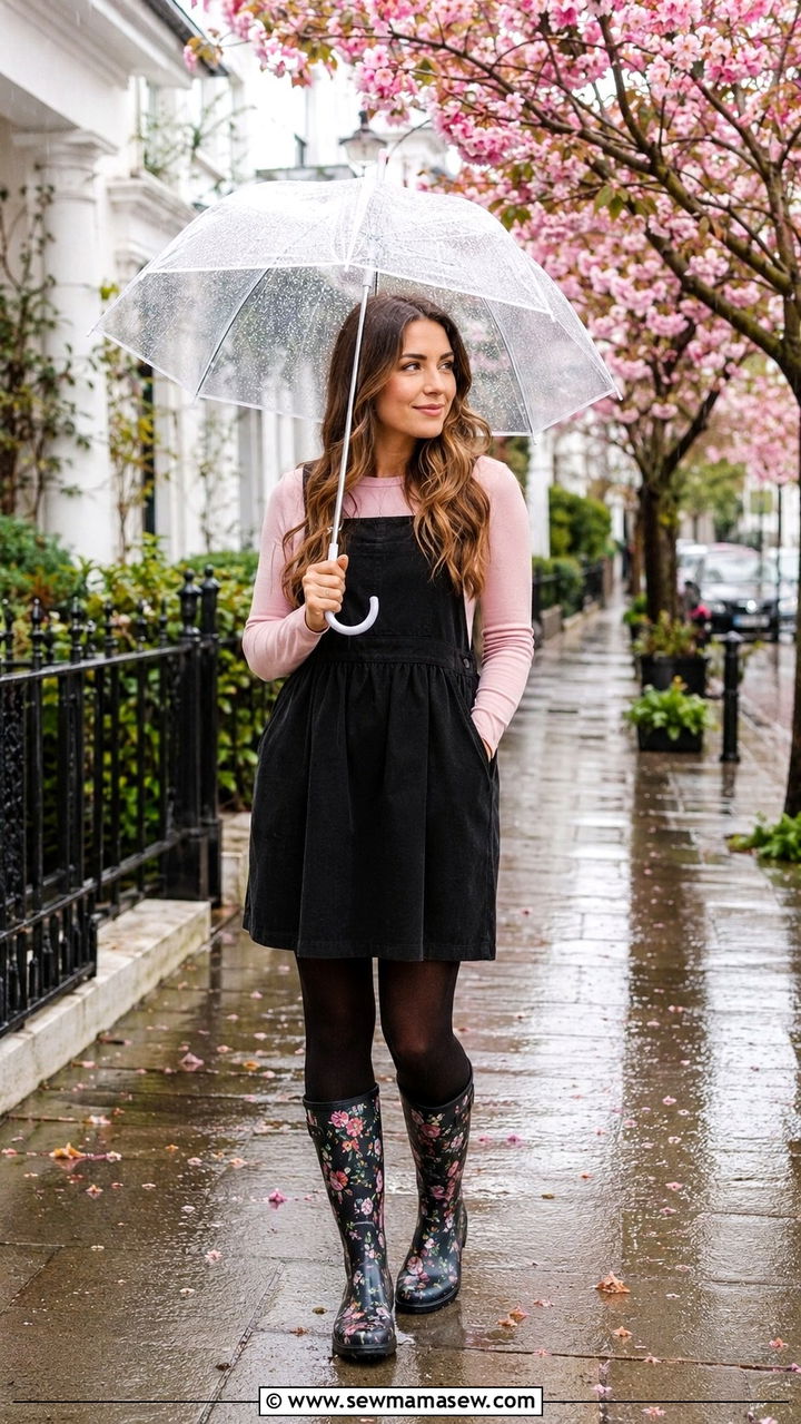 Pinafore Dress with Patterned Rain Boots - 20 rainy day outfits 2026