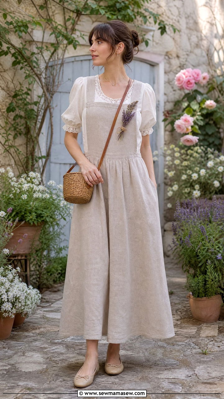 Pinafore Dress with Puff Sleeve Blouse and Ballet Flats - 30 Cottagecore spring outfits