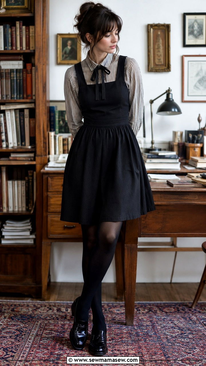 Pinafore dress layered over a button up shirt and loafers - 30 Chaotic academia outfit ideas