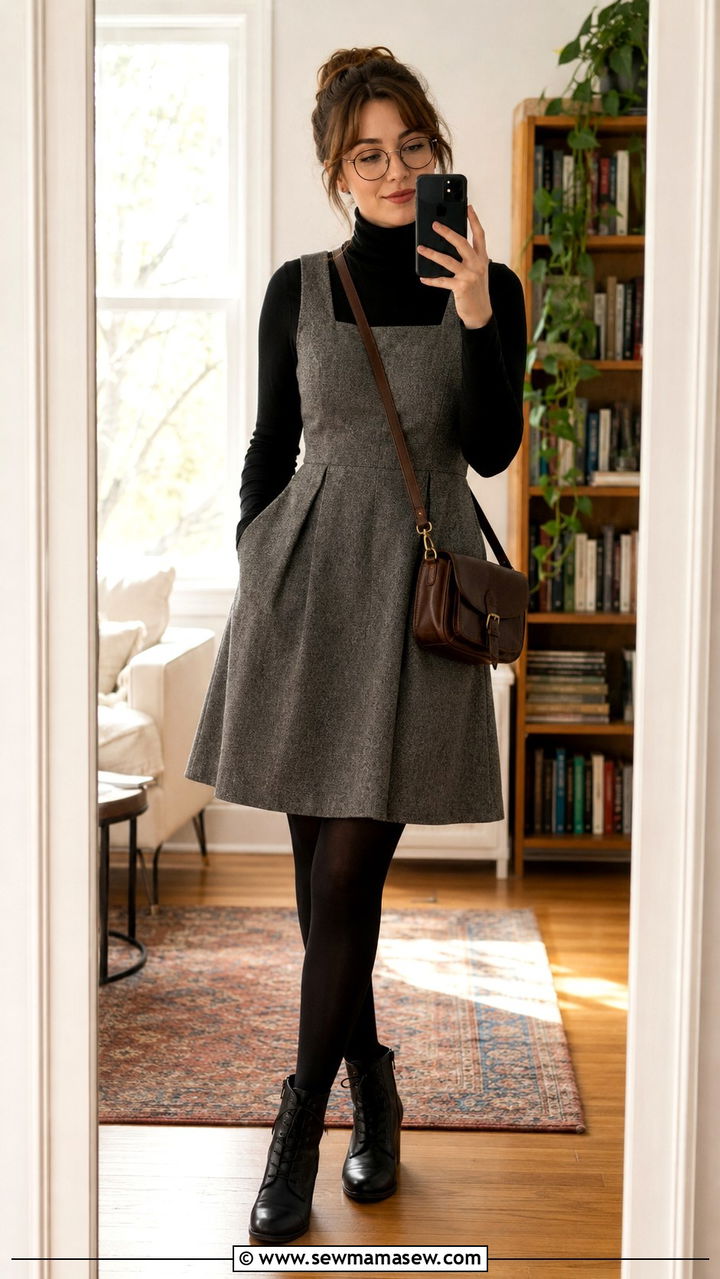 Pinafore dress layered over a turtleneck - 30 librarian core outfits ideas
