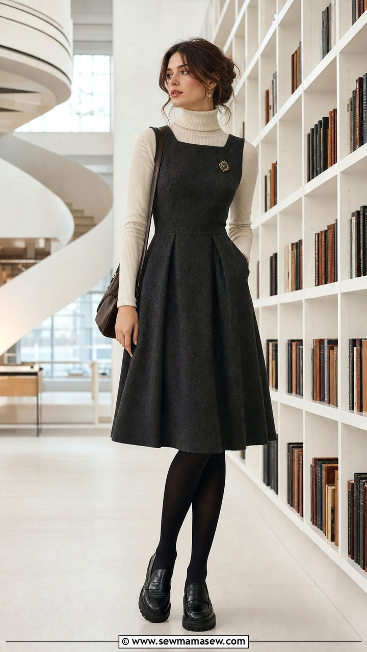 Pinafore dress layered over turtleneck - 25 dark academia outfits inspo