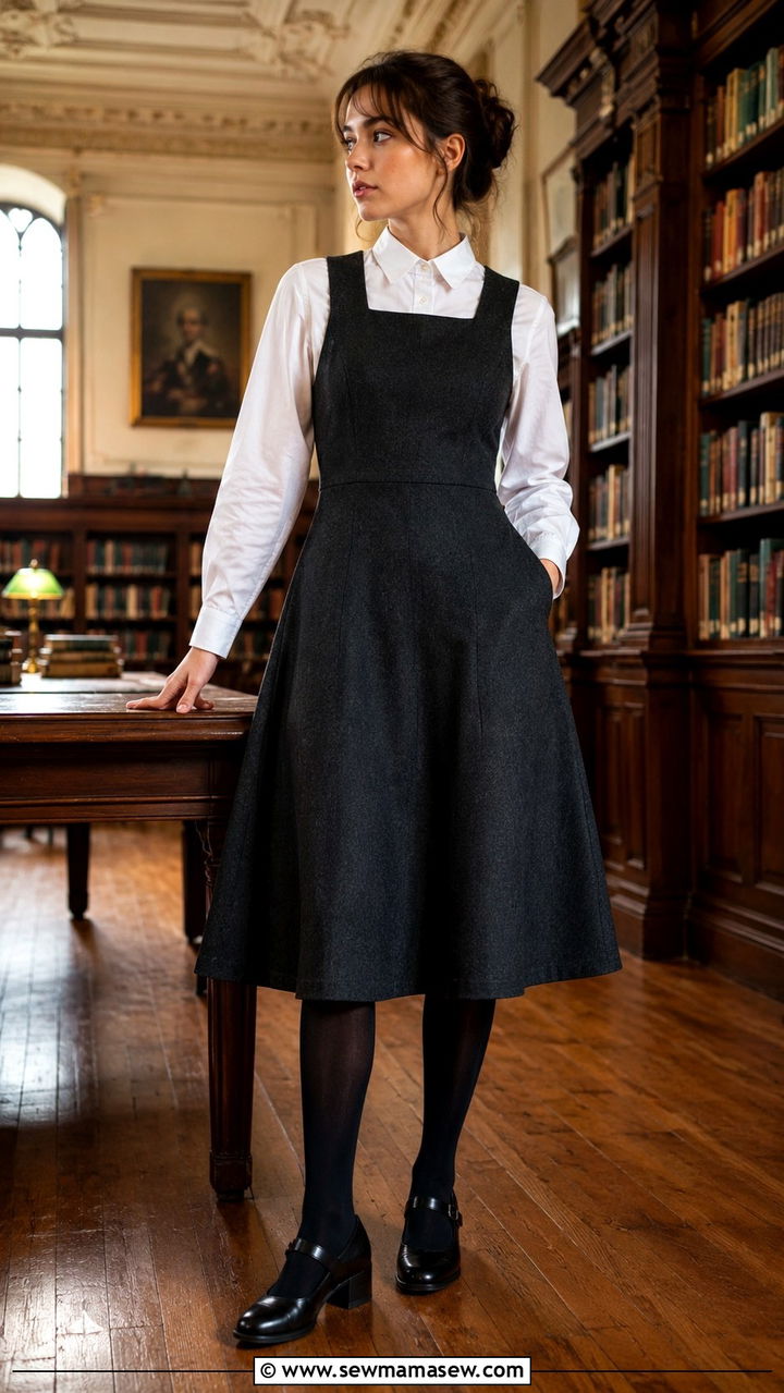 Pinafore dress over button down shirt outfit - 30 librarian core outfits for women