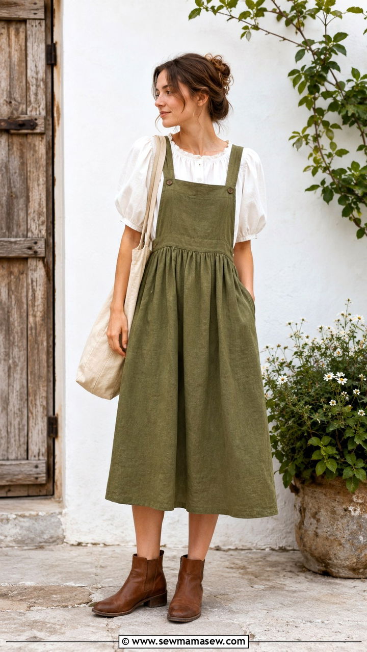 Pinafore dress over puff sleeve top - 30 spring cottagecore outfit ideas