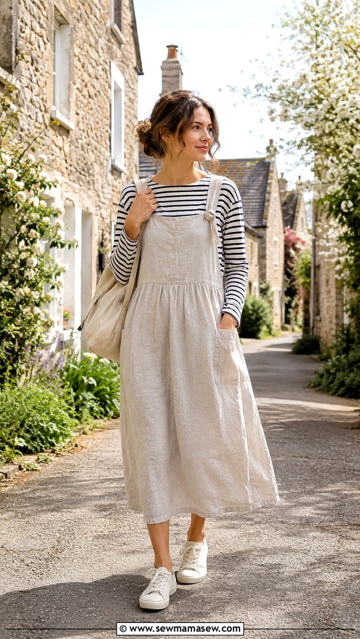 Pinafore dress with a striped top - 30 Spring cottage outfits
