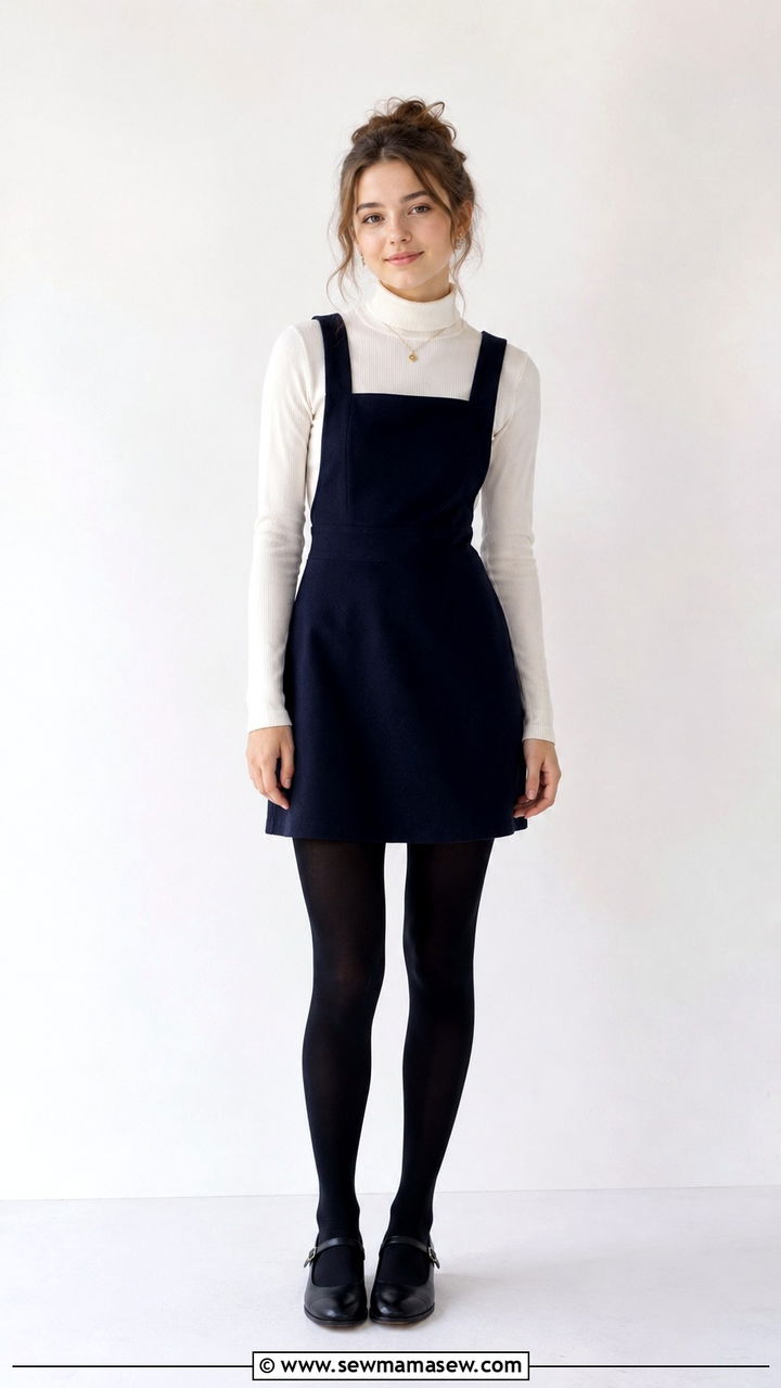 Pinafore jumper layered over turtleneck with tights outfit - 30 School uniform hacks outfit ideas