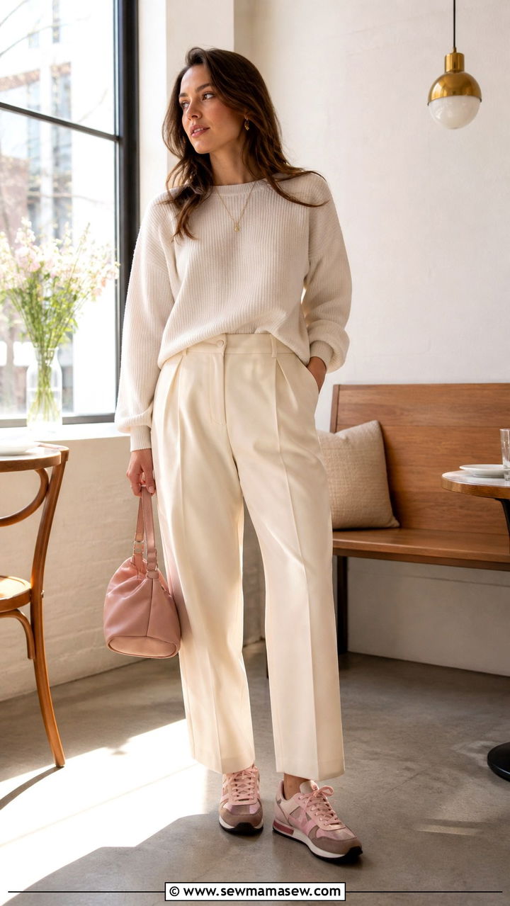 Pink And Brown Sneakers With Cream Trousers And A Sweater - 40 cute sneaker outfits