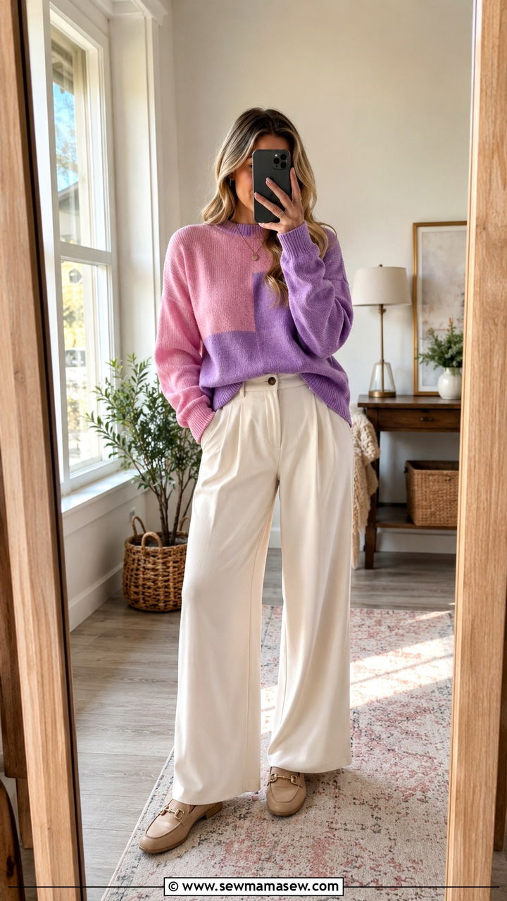 Pink And Purple Color Block Sweater With Cream Trousers - 25 Pink and purple outfit ideas
