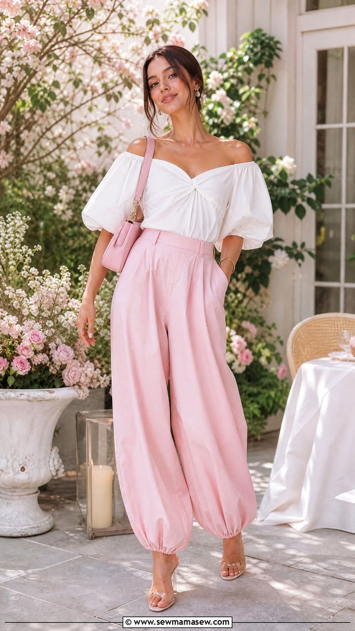 Pink Balloon Pants With White Puff Sleeve Top And Transparent Heels - 30 cute balloon pants outfits