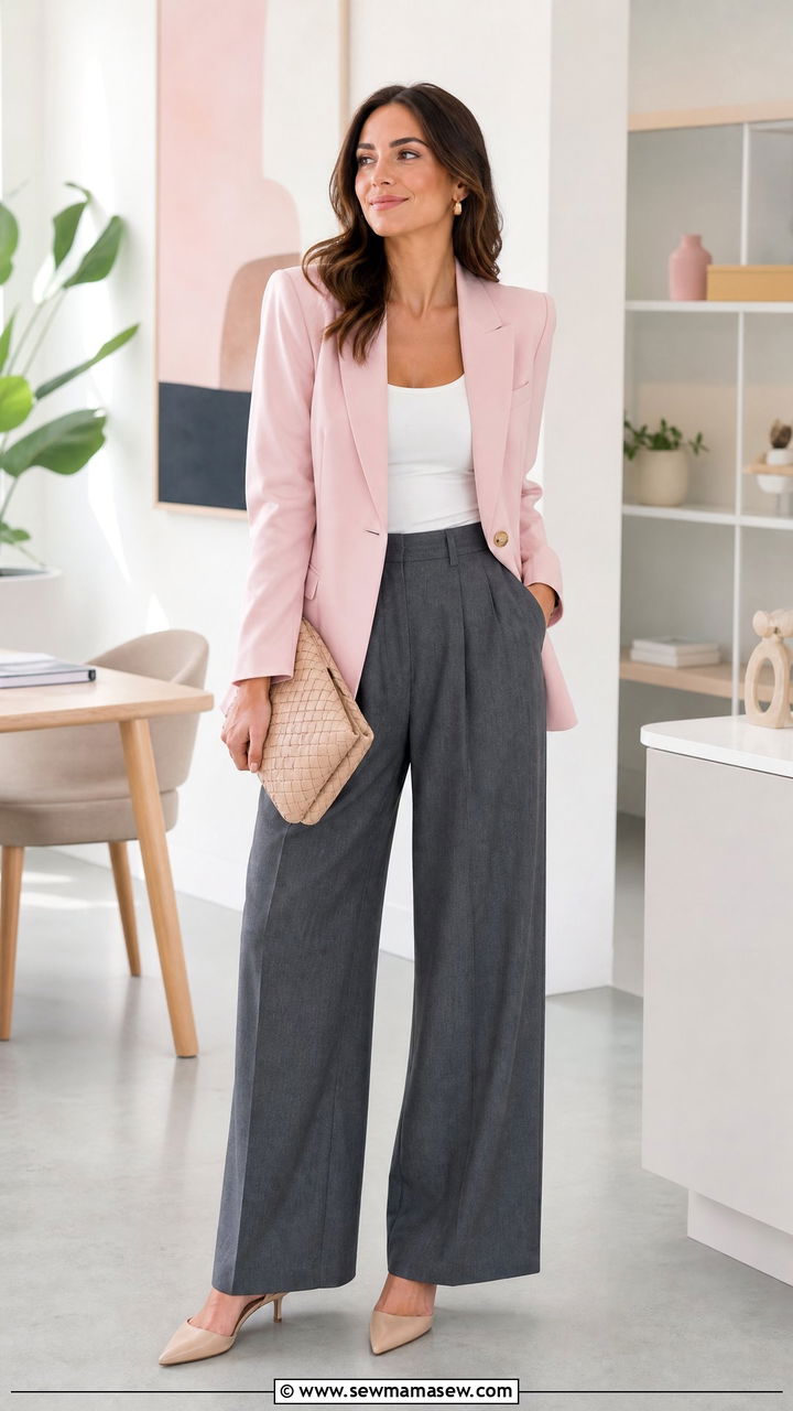 Pink Blazer With Gray Wide Leg Pants - 25 Gray and pink outfit ideas