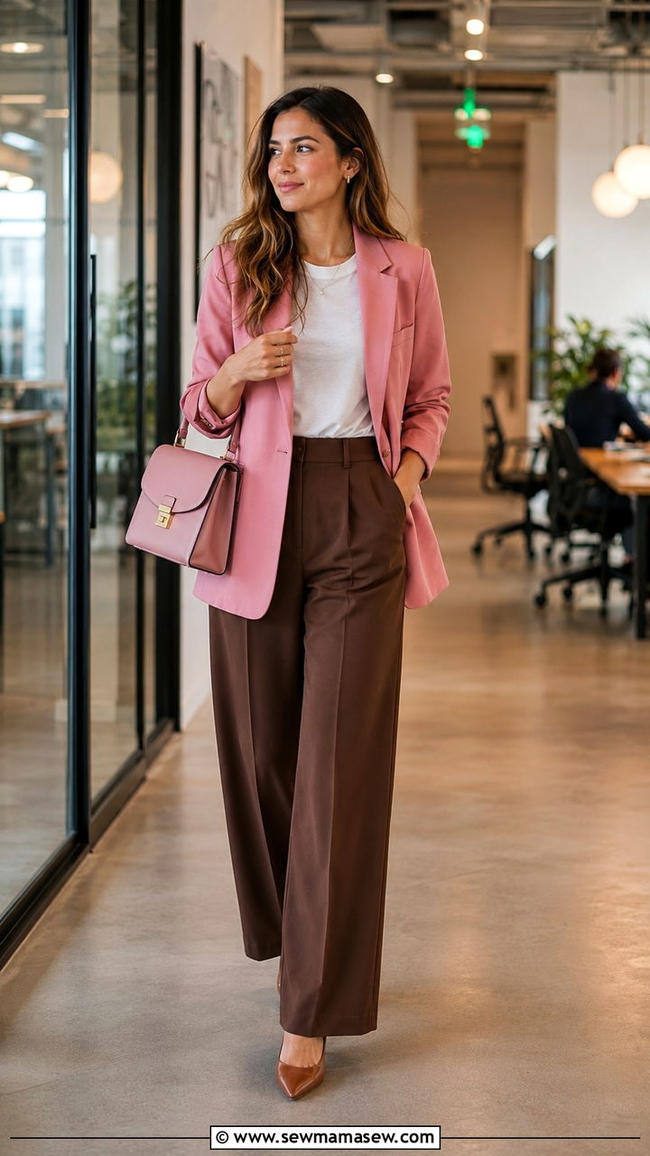 Pink Blazer with Brown Wide Leg Trousers - 30 Brown and pink outfit ideas