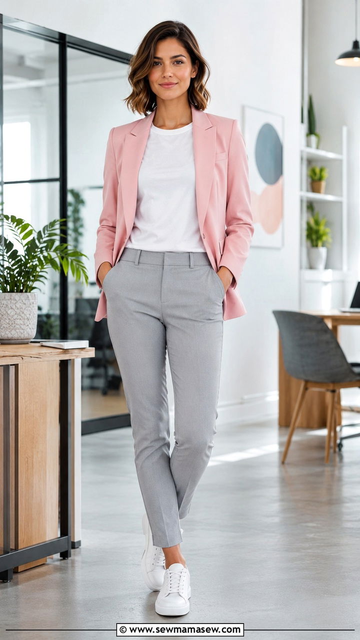 Pink Blazer with Gray Fitted Slacks and White Leather Sneakers - 30 business casual outfits aesthetic