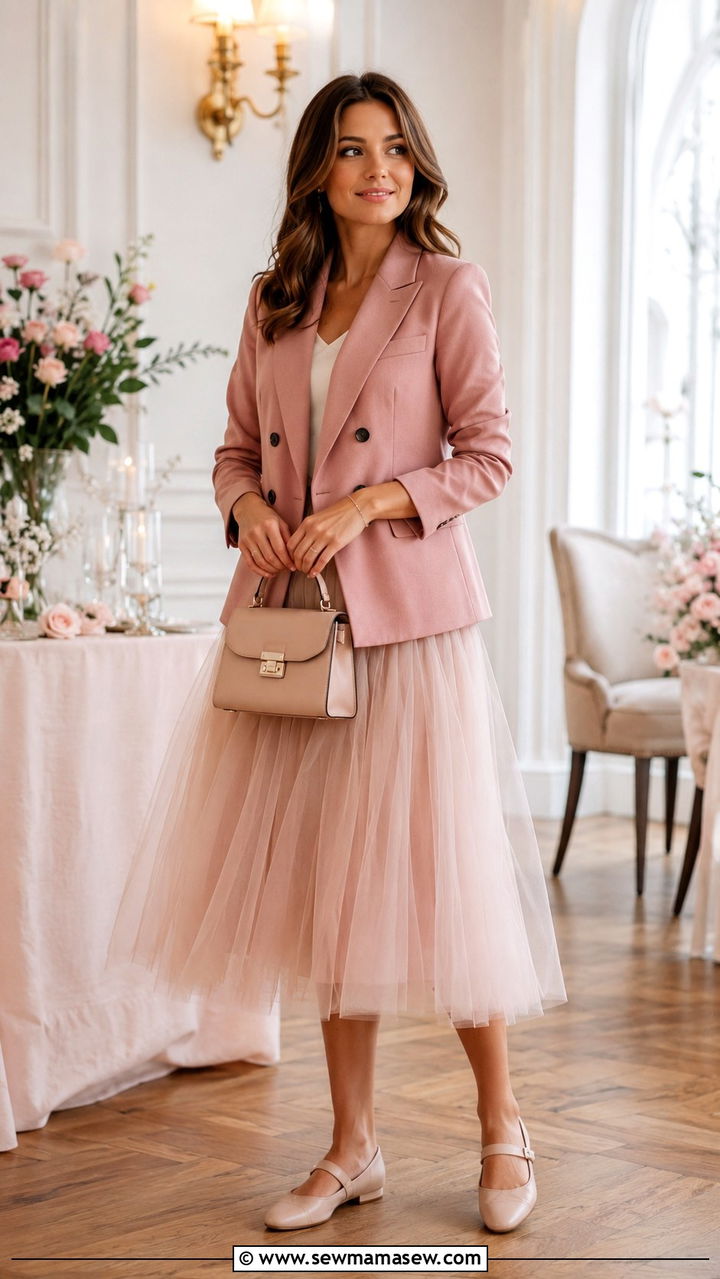 Pink Blazer with Tulle Midi Skirt - 30 Pink outfit ideas for work