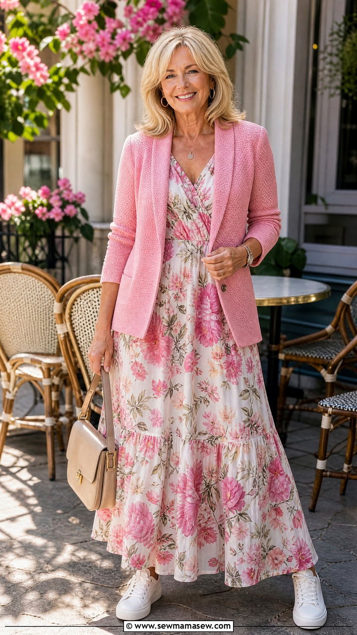 Pink Blazer with a Floral Maxi Dress and White Sneakers - 30 Maxi dress for women over 50 outfit ideas