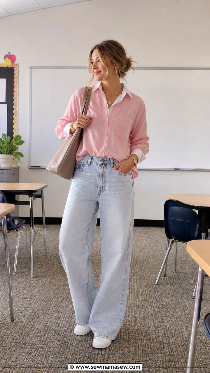 Pink Blouse With White Layer And Baggy Jeans - 40 teacher outfits ideas