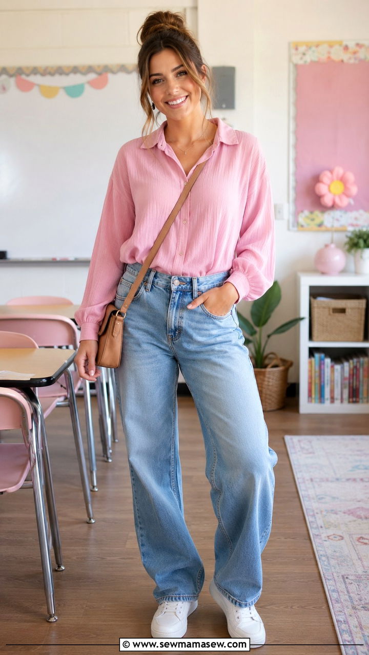 Pink Blouse and Baggy Jeans with Sneakers - 30 cute teacher outfits