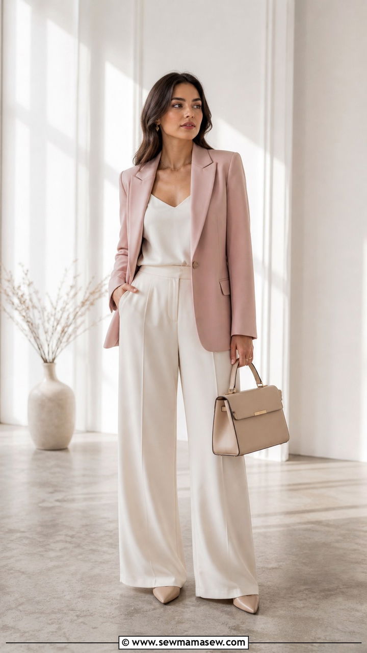 Pink Blush Blazer with Ivory Wide Leg Pants - 40 business casual outfits for women