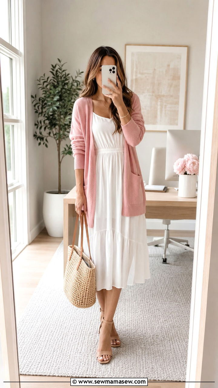 Pink Cardigan Over a White Dress - 30 Pink outfit ideas for work