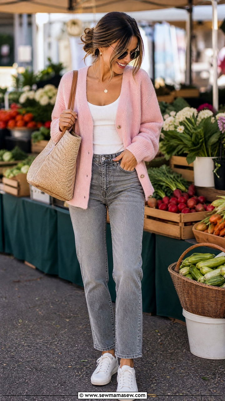 Pink Cardigan With Gray Jeans - 25 Gray and pink outfit ideas