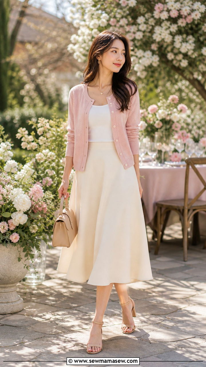 Pink Cardigan With Midi Skirt - 30 spring outfits for women over 30