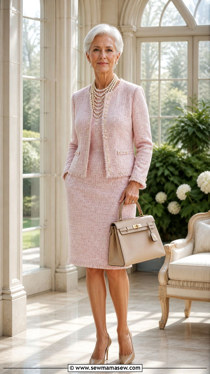 Pink Chanel tweed suit with pearls - 20 Christine Lagarde style outfit ideas