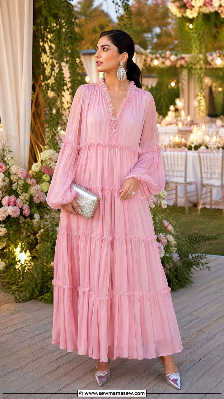 Pink Chiffon Tiered Dress With Metallic Mules - 30 Summer outfits in pink