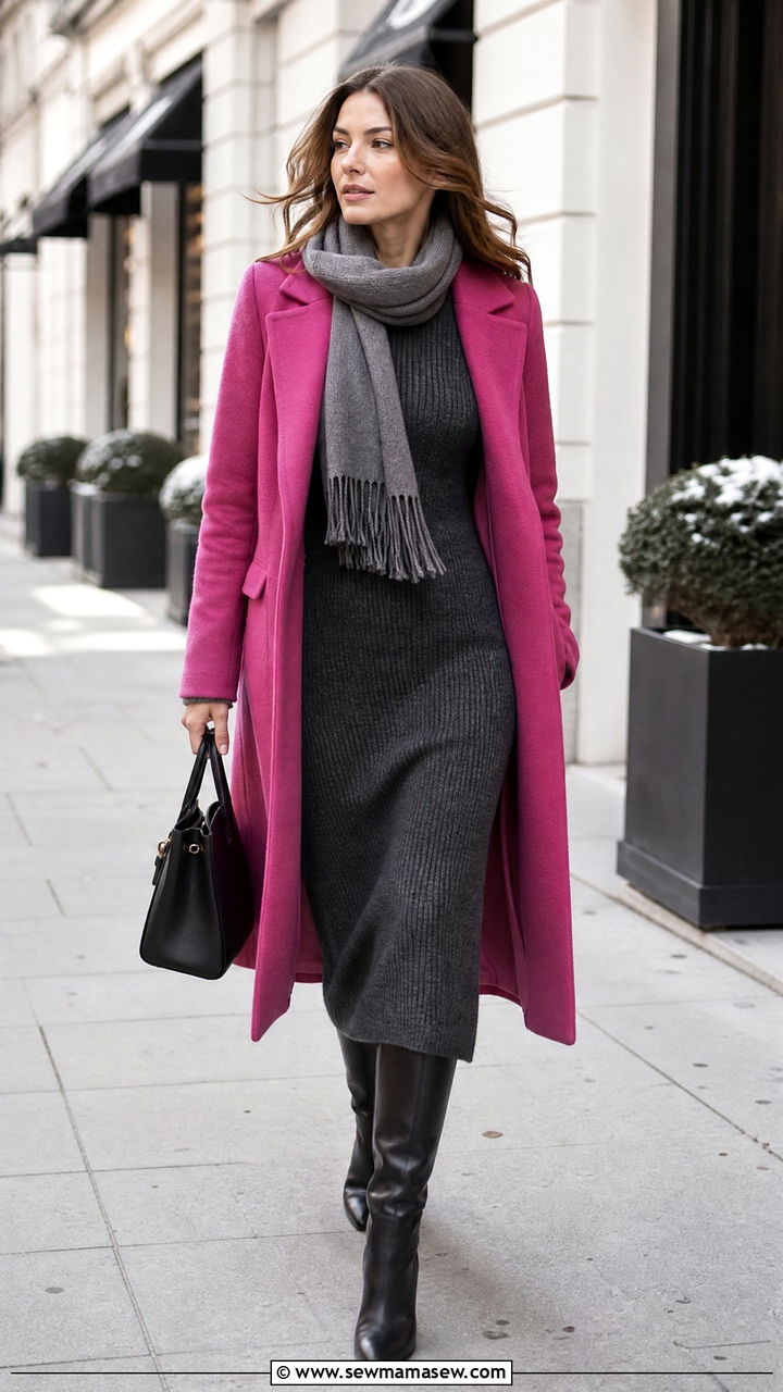 Pink Coat Over a Gray Knit Dress - 25 Gray and pink outfit ideas