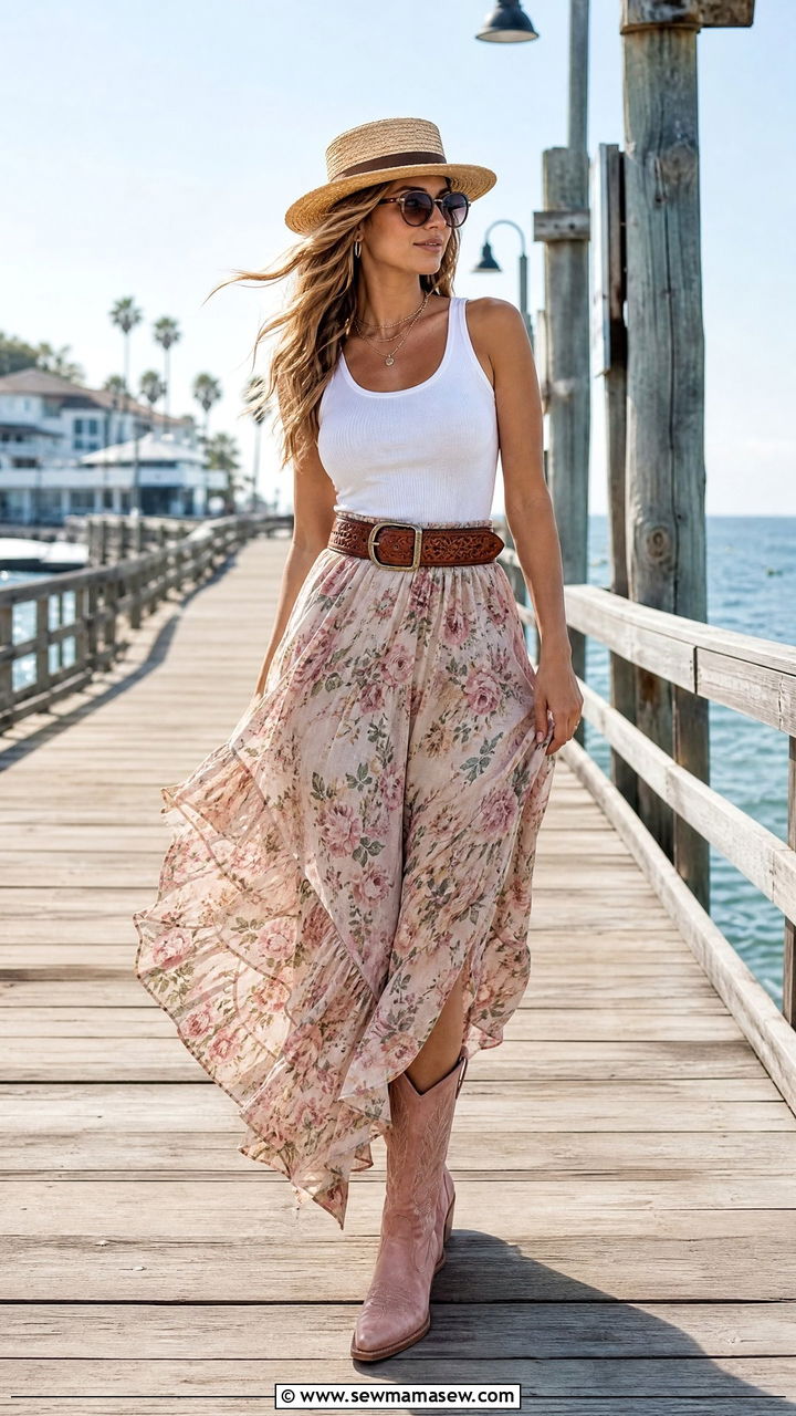 Pink Cowboy Boots With Floral Maxi Skirt and White Top - 25 casual coastal cowgirl outfits