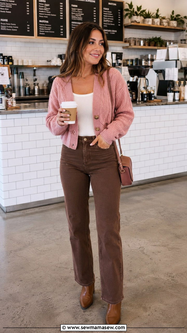 Pink Cropped Cardigan with Brown High Waist Jeans - 30 Brown and pink outfit ideas