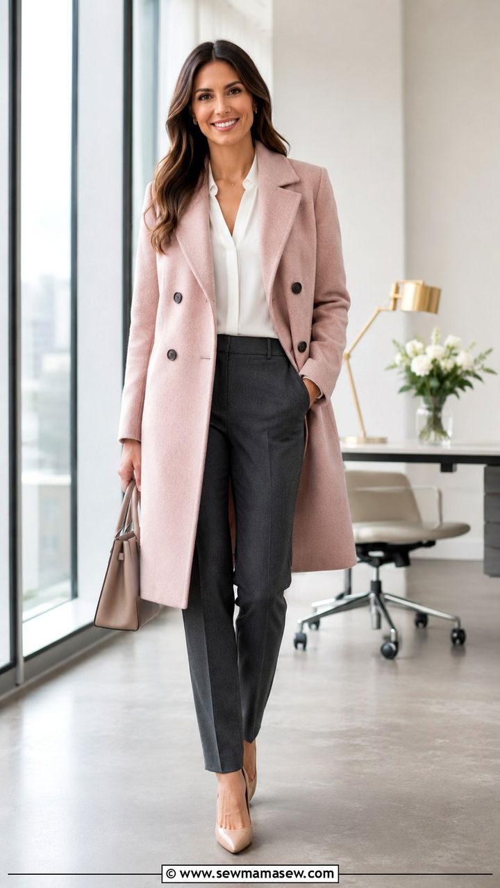 Pink Double Breasted Coat with Charcoal Trousers and Silk Blouse - 30 Double breasted coat outfit ideas