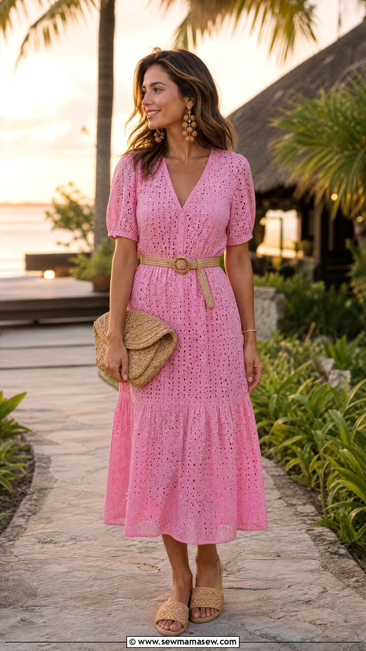 Pink Eyelet Dress With Raffia Accessories - 30 Summer pink outfit ideas