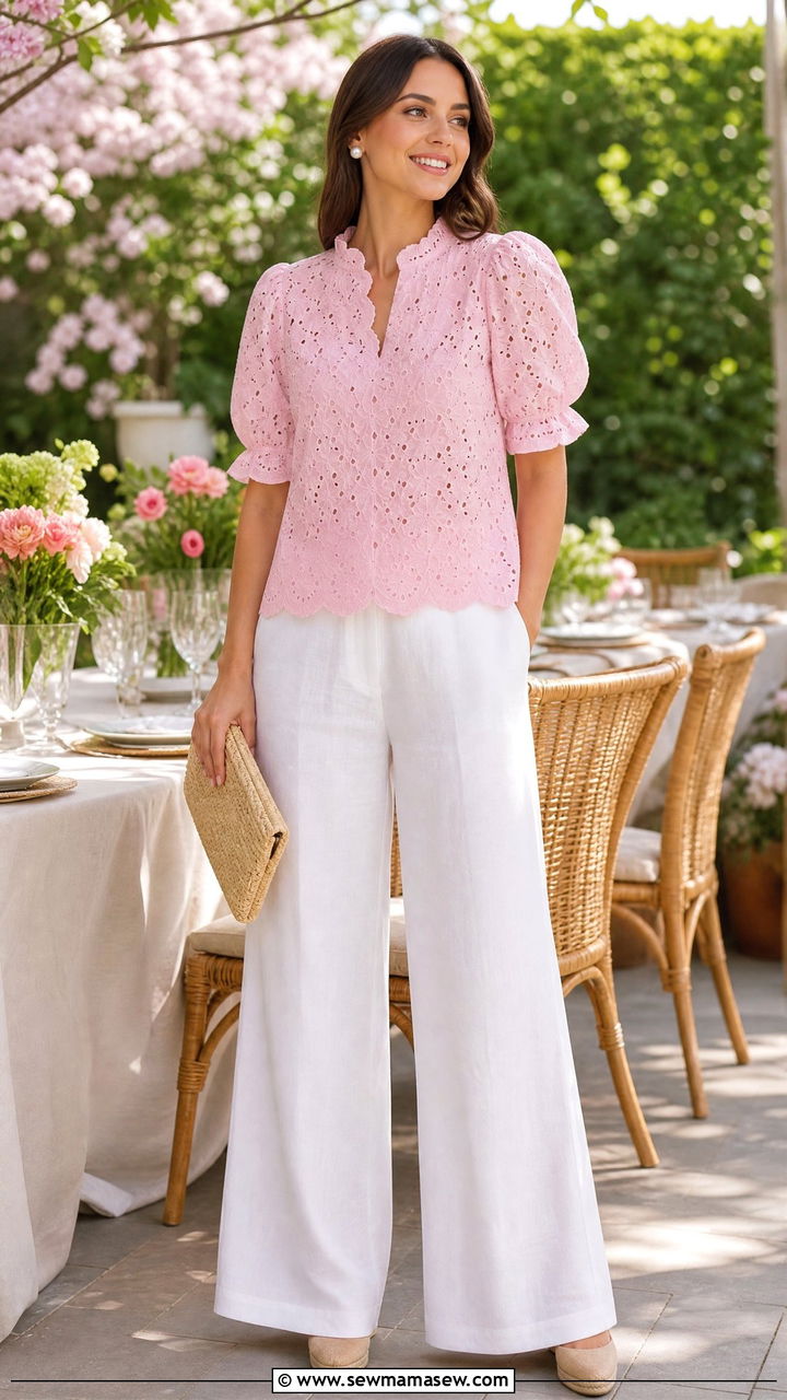Pink Eyelet Lace Top with White Wide Leg Pants - 30 Pastel pink outfit ideas spring