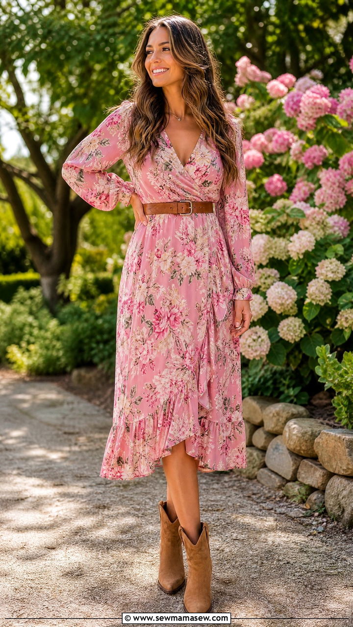 Pink Floral Midi Dress With Ankle Cowboy Boots Outfit - 40 summer western outfits