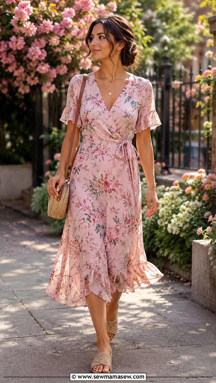Pink Floral Midi Dress with Woven Sandals - 30 Pastel pink outfit ideas spring