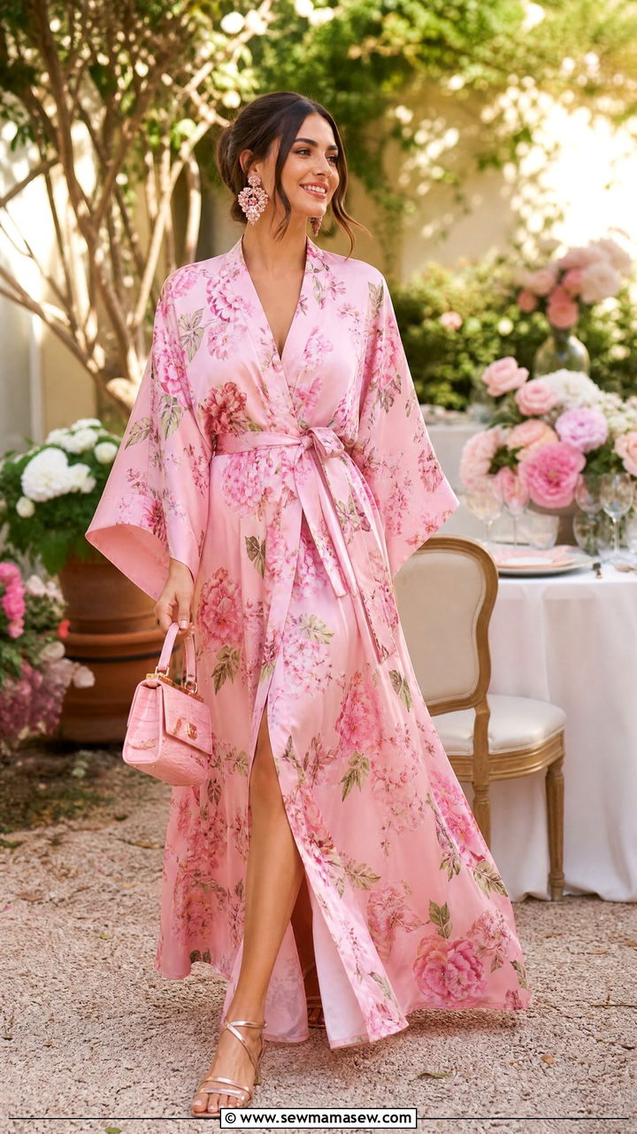Pink Floral Robe Dress With Strappy Sandals - 35 hot weather outfits inspo