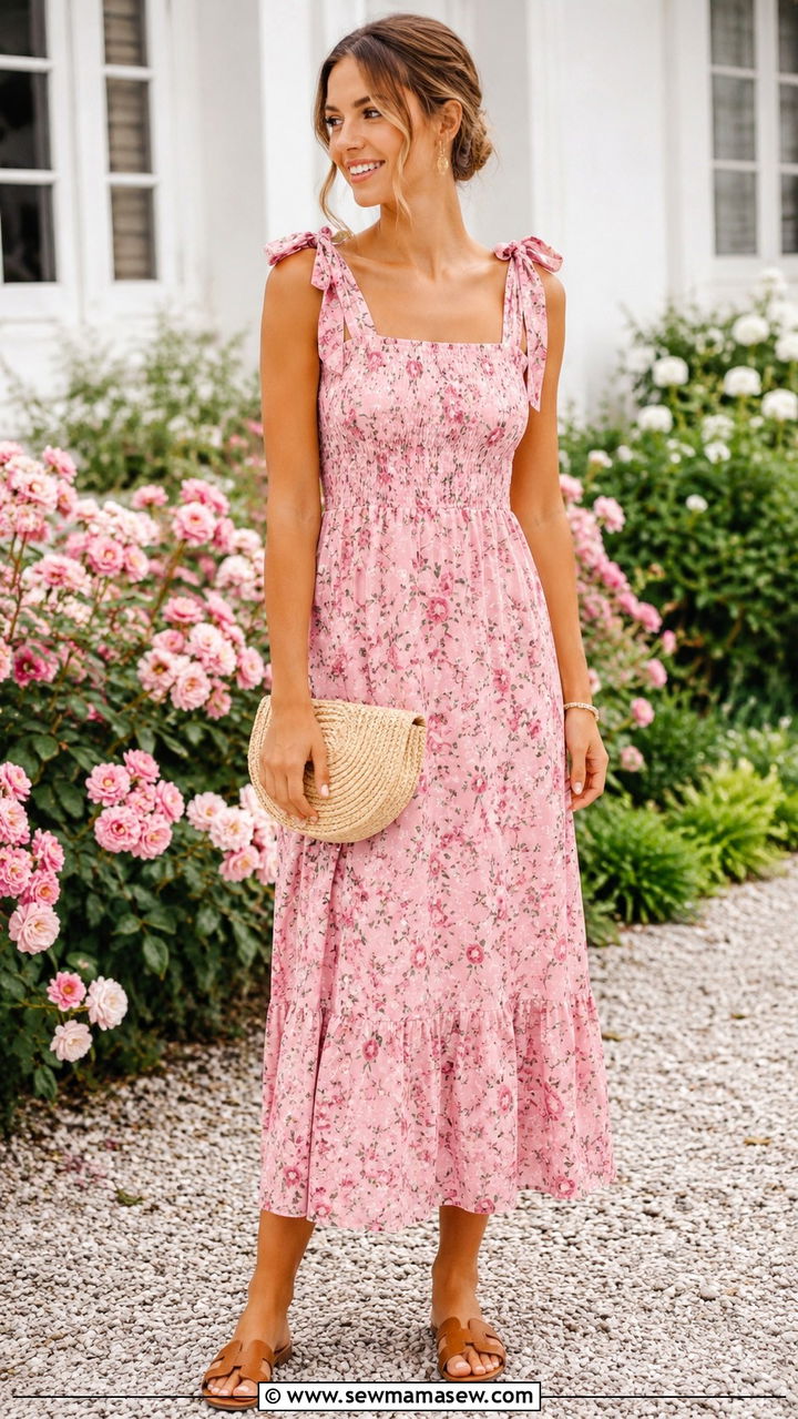 Pink Floral Tie Shoulder Midi Dress - 25 Pink dress outfit ideas summer 2026