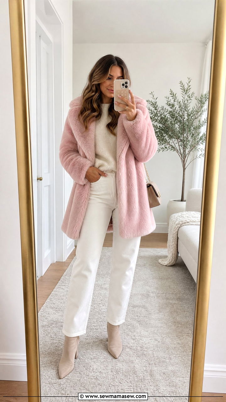 Pink Fur Coat with Neutral Basics - 35 Fur coat outfit ideas