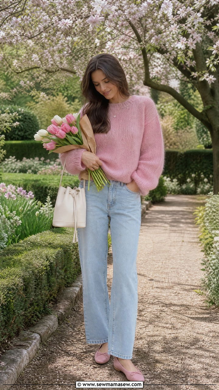 Pink Fuzzy Knit with Light Wash Denim - 25 March outfits for women