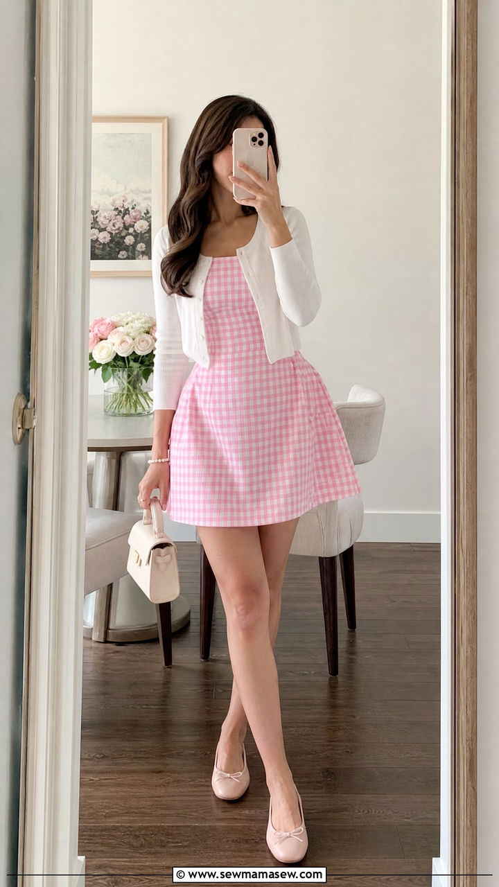 Pink Gingham Dress With White Cardigan And Ballet Flats - 30 Gingham dress outfit ideas