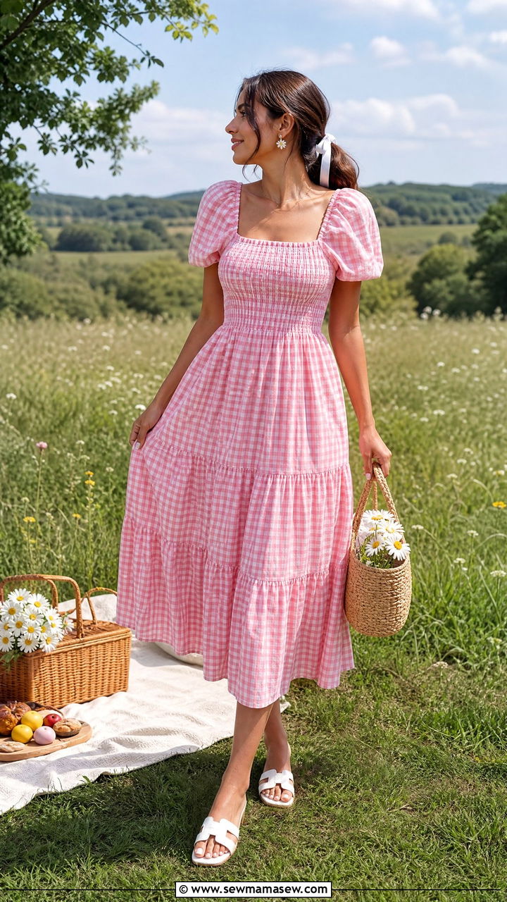 Pink Gingham Dress With White Sandals - 30 Summer pink outfit ideas