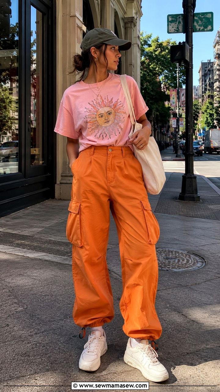 Pink Graphic Tee With Orange Cargo Pants - 25 Orange and pink outfit ideas