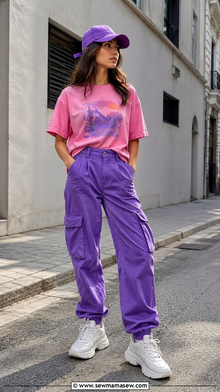 Pink Graphic Tee With Purple Cargo Pants - 25 Pink and purple outfit ideas