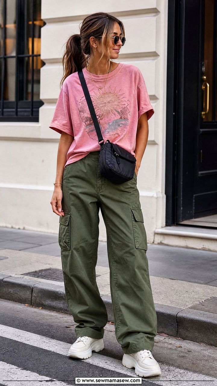 Pink Graphic Tee and Green Cargo Trousers - 25 Green and pink outfit ideas